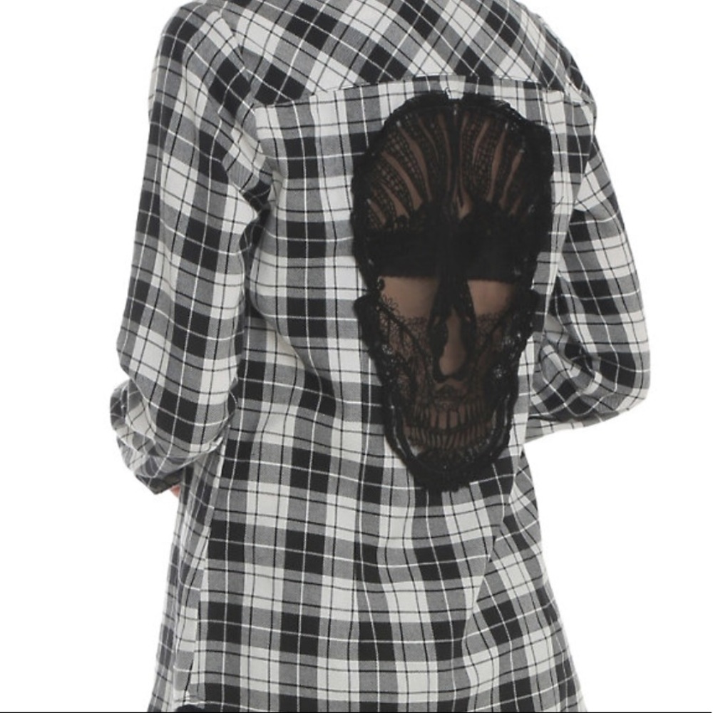 Black and White Plaid Button up with Lace Skull